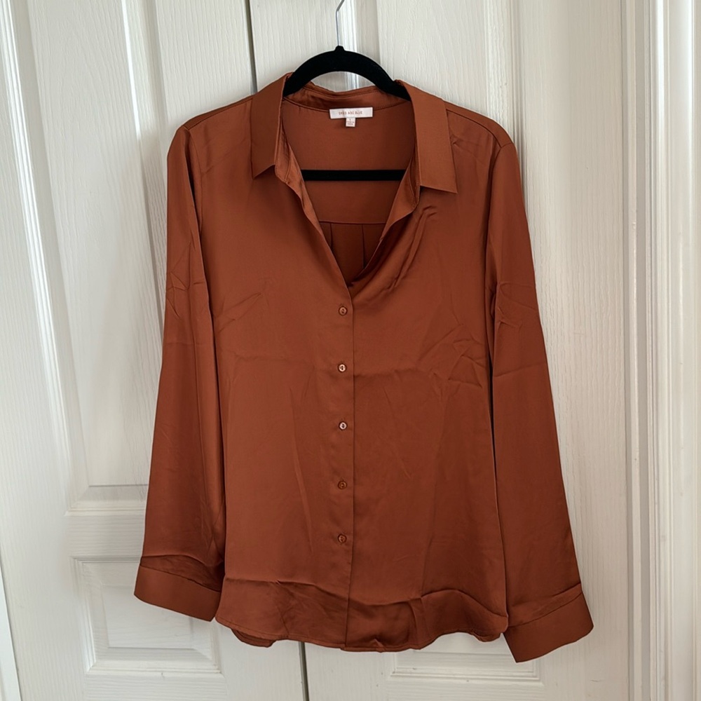 Brand new, no tags. Copper satin blouse